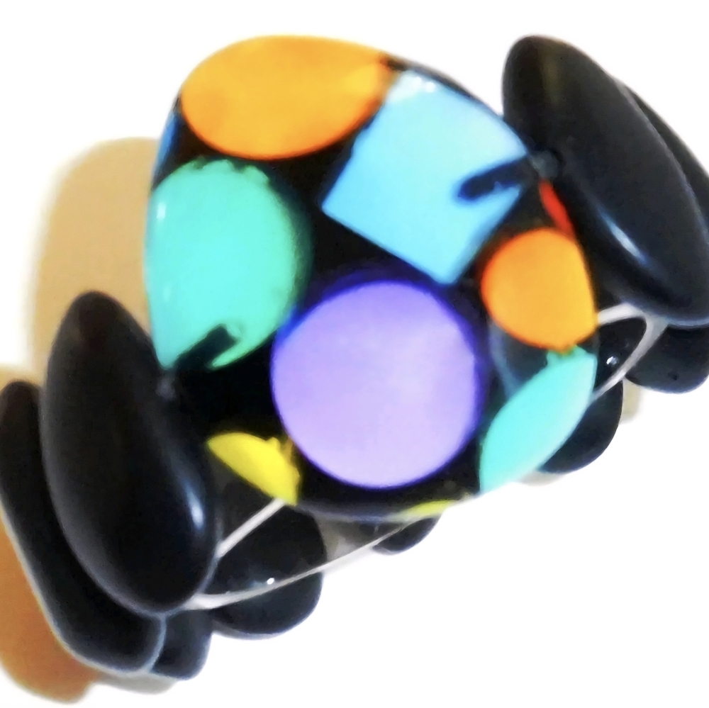 SOBRAL 'Vitrais Notre' Coorful Patterns W/Matte Black Stretch Bracelet Signed